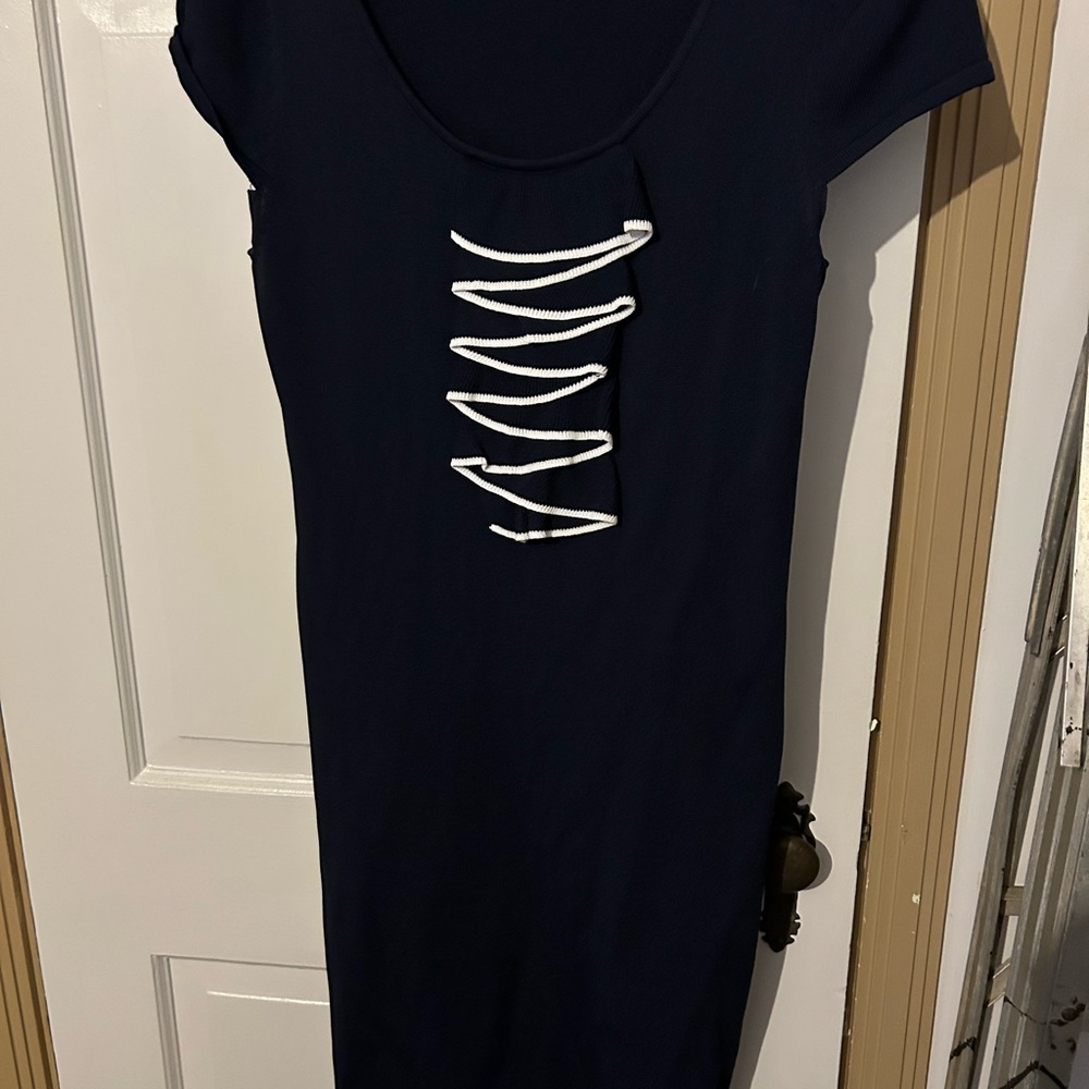Adrienne Vittadini Blue Bodycon Dress Scoop Neck Short Sleeve